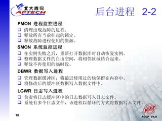 后台进程  2-2 PMON  进程监控进程 清理出现故障的进程。  释放所有当前挂起的锁定。 释放故障进程使用的资源。 SMON  系统监控进程 在实例失败之后，重新打开数据库时自动恢复实例。  整理数据文件的自由空间，将相邻区域结合起来。 释放不再使用的临时段。 DBWR  数据写入进程 管理数据缓冲区，将最近使用过的块保留在内存中。 将修改后的缓冲区数据写入数据文件中。  LGWR  日志写入进程 负责将日志缓冲区中的日志数据写入日志文件。  系统有多个日志文件，该进程以循环的方式将数据写入文件。 