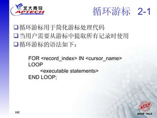 循环游标  2-1 循环游标用于简化游标处理代码 当用户需要从游标中提取所有记录时使用 循环游标的语法如下： FOR <record_index> IN <cursor_name> LOOP <executable statements> END LOOP; 