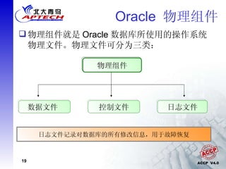 Oracle  物理组件 物理组件就是 Oracle 数据库所使用的操作系统物理文件。物理文件可分为三类： 物理组件 数据文件  控制文件 日志文件 数据文件用于存储数据库数据，如表、索引数据等。 控制文件是记录数据库物理结构的二进制文件。 日志文件记录对数据库的所有修改信息，用于故障恢复 
