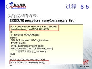过程  8-5 执行过程的语法： EXECUTE procedure_name(parameters_list); SQL> CREATE OR REPLACE PROCEDURE itemdesc(item_code IN VARCHAR2) IS v_itemdesc VARCHAR2(5); BEGIN SELECT itemdesc INTO v_itemdesc FROM itemfile WHERE itemcode = item_code; DBMS_OUTPUT.PUT_LINE(item_code|| ' 项目的说明为 '||v_itemdesc); END; / SQL> SET SERVEROUTPUT ON SQL> EXECUTE itemdesc('i201'); 