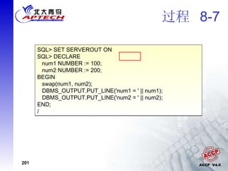 过程  8-7 CREATE OR REPLACE PROCEDURE swap(p1 IN OUT NUMBER, p2 IN OUT NUMBER) IS v_temp NUMBER; BEGIN v_temp := p1; p1 := p2; p2 := v_temp; END; / SQL> SET SERVEROUT ON SQL> DECLARE num1 NUMBER := 100; num2 NUMBER := 200; BEGIN swap(num1, num2); DBMS_OUTPUT.PUT_LINE('num1 = ' || num1); DBMS_OUTPUT.PUT_LINE('num2 = ' || num2); END; / 