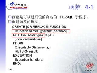 函数  4-1 函数是可以返回值的命名的  PL/SQL  子程序。  创建函数的语法： CREATE [OR REPLACE] FUNCTION   <function name> [(param1,param2)] RETURN <datatype>  IS|AS  [local declarations] BEGIN Executable Statements; RETURN result; EXCEPTION Exception handlers; END; 