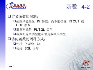 函数  4-2 定义函数的限制： 函数只能接受  IN  参数，而不能接受  IN OUT  或  OUT  参数 形参不能是  PL/SQL  类型 函数的返回类型也必须是数据库类型 访问函数的两种方式： 使用  PL/SQL  块 使用  SQL  语句 