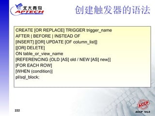 创建触发器的语法 CREATE [OR REPLACE] TRIGGER trigger_name AFTER | BEFORE | INSTEAD OF [INSERT] [[OR] UPDATE [OF column_list]]  [[OR] DELETE] ON table_or_view_name [REFERENCING {OLD [AS] old / NEW [AS] new}] [FOR EACH ROW] [WHEN (condition)] pl/sql_block; 
