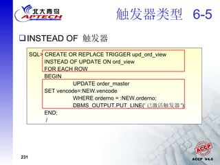 触发器类型  6-5 INSTEAD OF  触发器 SQL> CREATE OR REPLACE TRIGGER upd_ord_view INSTEAD OF UPDATE ON ord_view FOR EACH ROW BEGIN UPDATE order_master SET vencode=:NEW.vencode  WHERE orderno = :NEW.orderno; DBMS_OUTPUT.PUT_LINE(‘ 已激活触发器 '); END; / 