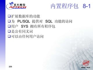 内置程序包  8-1 扩展数据库的功能 为  PL/SQL  提供对  SQL  功能的访问 用户  SYS  拥有所有程序包 是公有同义词 可以由任何用户访问 