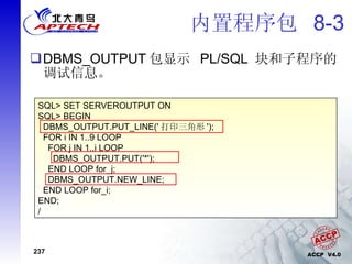 内置程序包  8-3 DBMS_OUTPUT 包显示  PL/SQL  块和子程序的调试信息。 SQL> SET SERVEROUTPUT ON SQL> BEGIN DBMS_OUTPUT.PUT_LINE(' 打印三角形 '); FOR i IN 1..9 LOOP FOR j IN 1..i LOOP DBMS_OUTPUT.PUT('*'); END LOOP for_j; DBMS_OUTPUT.NEW_LINE; END LOOP for_i; END; / 