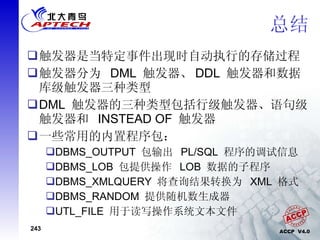 触发器是当特定事件出现时自动执行的存储过程  触发器分为  DML  触发器、 DDL  触发器和数据库级触发器三种类型 DML  触发器的三种类型包括行级触发器、语句级触发器和  INSTEAD OF  触发器 一些常用的内置程序包： DBMS_OUTPUT  包输出  PL/SQL  程序的调试信息 DBMS_LOB  包提供操作  LOB  数据的子程序 DBMS_XMLQUERY  将查询结果转换为  XML  格式 DBMS_RANDOM  提供随机数生成器 UTL_FILE  用于读写操作系统文本文件 总结 