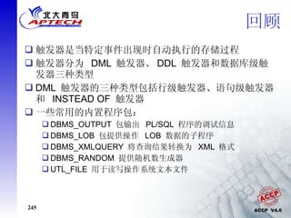 回顾 触发器是当特定事件出现时自动执行的存储过程 触发器分为  DML  触发器、 DDL  触发器和数据库级触发器三种类型 DML  触发器的三种类型包括行级触发器、语句级触发器和  INSTEAD OF  触发器 一些常用的内置程序包： DBMS_OUTPUT  包输出  PL/SQL  程序的调试信息 DBMS_LOB  包提供操作  LOB  数据的子程序 DBMS_XMLQUERY  将查询结果转换为  XML  格式 DBMS_RANDOM  提供随机数生成器 UTL_FILE  用于读写操作系统文本文件 