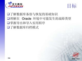 目标  了解数据库备份与恢复的基础知识 理解在  Oracle  环境中可能发生的故障类型 掌握导出和导入实用程序 了解数据库归档模式 
