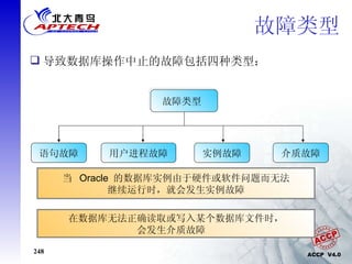 故障类型 故障类型  语句故障 介质故障 实例故障 用户进程故障 导致数据库操作中止的故障包括四种类型：  在执行  SQL  语句过程中发生的逻辑故障可导致语句故障。如果用户编写的  SQL  语句无效，就会发生逻辑故障 当用户程序出错而无法访问数据库时发生用户进程故障。导致用户进程故障的原因是异常断开连接或异常终止进程  当  Oracle  的数据库实例由于硬件或软件问题而无法 继续运行时，就会发生实例故障 在数据库无法正确读取或写入某个数据库文件时， 会发生介质故障  