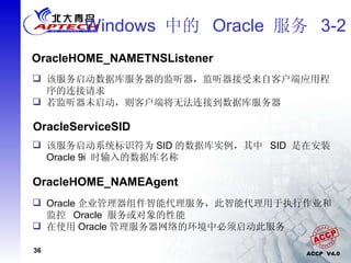 Windows  中的  Oracle  服务  3-2 OracleHOME_NAMETNSListener 该服务启动数据库服务器的监听器，监听器接受来自客户端应用程序的连接请求 若监听器未启动，则客户端将无法连接到数据库服务器 OracleServiceSID 该服务启动系统标识符为 SID 的数据库实例，其中  SID  是在安装  Oracle 9i  时输入的数据库名称 OracleHOME_NAMEAgent  Oracle 企业管理器组件智能代理服务，此智能代理用于执行作业和监控  Oracle  服务或对象的性能 在使用 Oracle 管理服务器网络的环境中必须启动此服务 