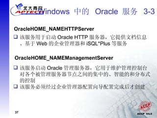 Windows  中的  Oracle  服务  3-3 OracleHOME_NAMEHTTPServer 该服务用于启动 Oracle HTTP 服务器，它提供文档信息、基于 Web 的企业管理器和 iSQL*Plus 等服务 OracleHOME_NAMEManagementServer 该服务启动 Oracle 管理服务器，它用于维护管理控制台对各个被管理服务器节点之间的集中的、智能的和分布式的控制 该服务必须经过企业管理器配置向导配置完成后才创建 