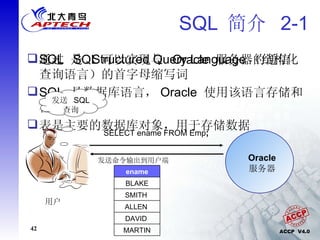 SQL  简介  2-1 SQL  是  Structured Query Language （结构化查询语言）的首字母缩写词 SQL  是数据库语言， Oracle  使用该语言存储和检索信息 表是主要的数据库对象，用于存储数据 通过  SQL 可以实现与  Oracle  服务器的通信 发送  SQL  查询 SELECT ename FROM Emp ; Oracle  服务器 MARTIN DAVID   ALLEN   SMITH   BLAKE ename 发送命令输出到用户端 用户 