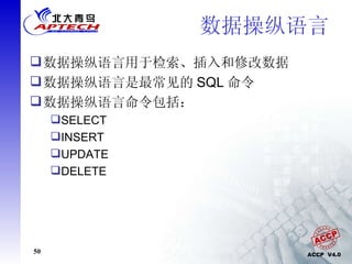 数据操纵语言  数据操纵语言用于检索、插入和修改数据 数据操纵语言是最常见的 SQL 命令 数据操纵语言命令包括： SELECT INSERT UPDATE DELETE 