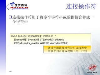 连接操作符 连接操作符用于将多个字符串或数据值合并成一个字符串 SQL> SELECT (venname|| '  的地址是  ' ||venadd1||' '||venadd2 ||' '||venadd3) address FROM vendor_master WHERE vencode='V001'; 通过使用连接操作符可以将表中 的多个列合并成逻辑上的一行列 