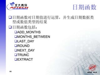 日期函数 日期函数对日期值进行运算，并生成日期数据类型或数值类型的结果 日期函数包括： ADD_MONTHS MONTHS_BETWEEN LAST_DAY ROUND NEXT_DAY TRUNC EXTRACT 