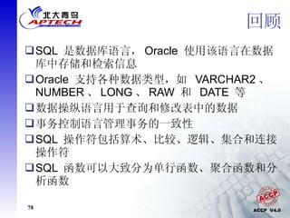 回顾 SQL  是数据库语言， Oracle  使用该语言在数据库中存储和检索信息 Oracle  支持各种数据类型，如  VARCHAR2 、 NUMBER 、 LONG 、 RAW  和  DATE  等 数据操纵语言用于查询和修改表中的数据 事务控制语言管理事务的一致性 SQL  操作符包括算术、比较、逻辑、集合和连接操作符 SQL  函数可以大致分为单行函数、聚合函数和分析函数 