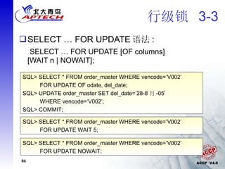 行级锁  3-3 SELECT … FOR UPDATE 语法 : 　 SELECT … FOR UPDATE [OF columns] [WAIT n | NOWAIT]; SQL> SELECT * FROM order_master WHERE vencode=’V002’ FOR UPDATE OF odate, del_date; SQL> UPDATE order_master SET del_date=’28-8 月 -05’ WHERE vencode=’V002’; SQL> COMMIT; SQL> SELECT * FROM order_master WHERE vencode=’V002’ FOR UPDATE WAIT 5; SQL> SELECT * FROM order_master WHERE vencode=’V002’ FOR UPDATE NOWAIT; 