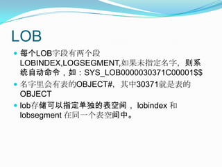 LOB每个LOB字段有两个段 LOBINDEX,LOGSEGMENT,如果未指定名字，则系统自动命令，如：SYS_LOB0000030371C00001$$名字里会有表的OBJECT#，其中30371就是表的OBJECTlob存储可以指定单独的表空间， lobindex和lobsegment在同一个表空间中。