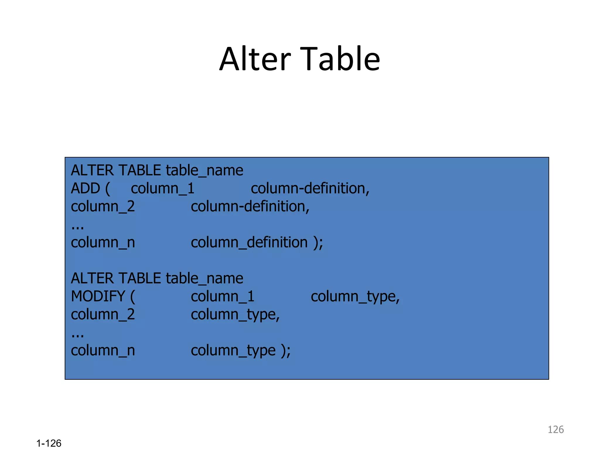 Alter Table ALTER TABLE table_name ADD ( column_1 column-definition, column_2 column-definition, ... column_n column_definition ); ALTER TABLE table_name MODIFY ( column_1 column_type, column_2 column_type, ... column_n column_type ); 