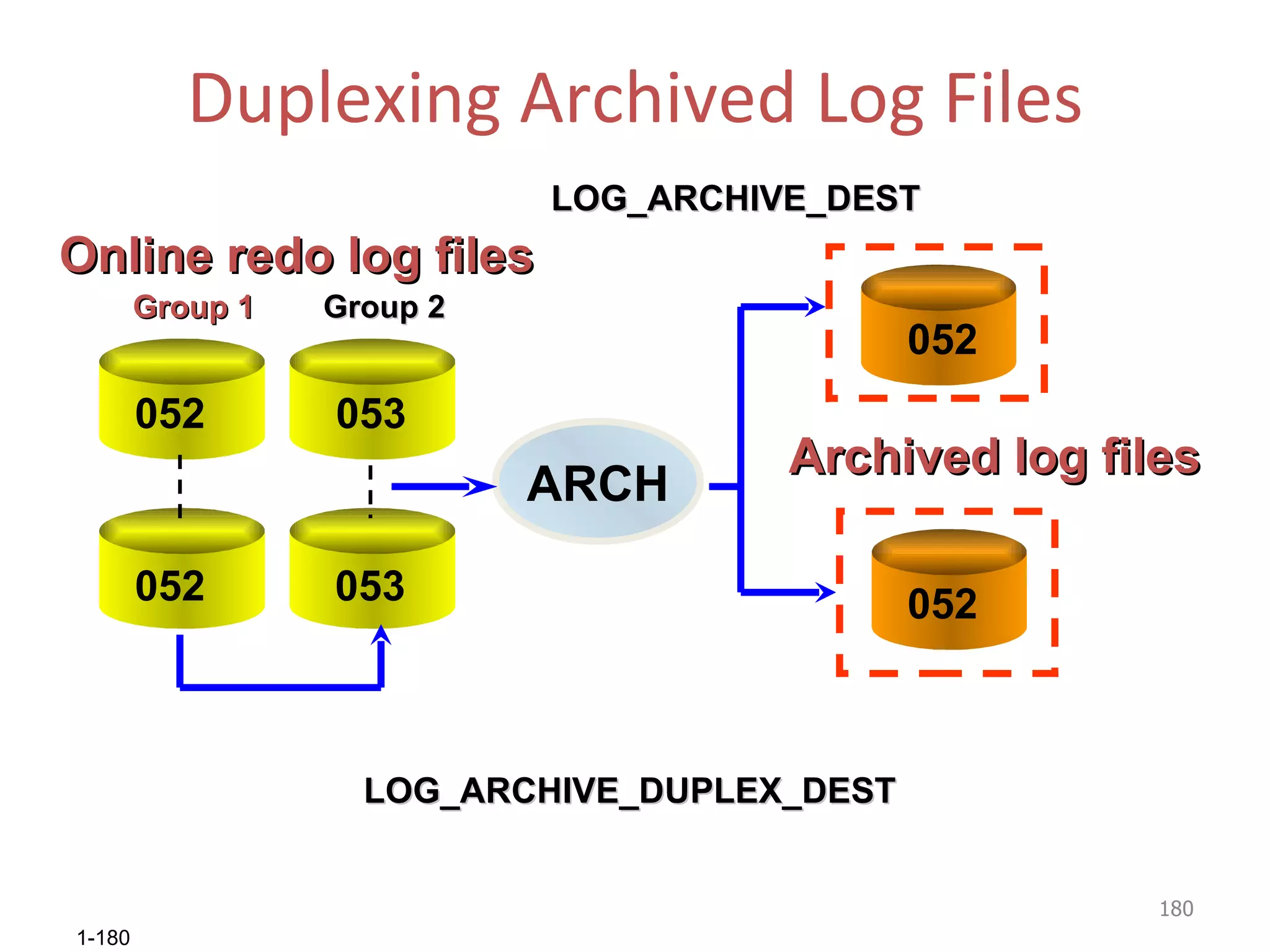 Duplexing Archived Log Files ARCH Online redo log files 053 053 052 052 LOG_ARCHIVE_DUPLEX_DEST 052 052 Group 1 Group 2 LOG_ARCHIVE_DEST Archived log files 