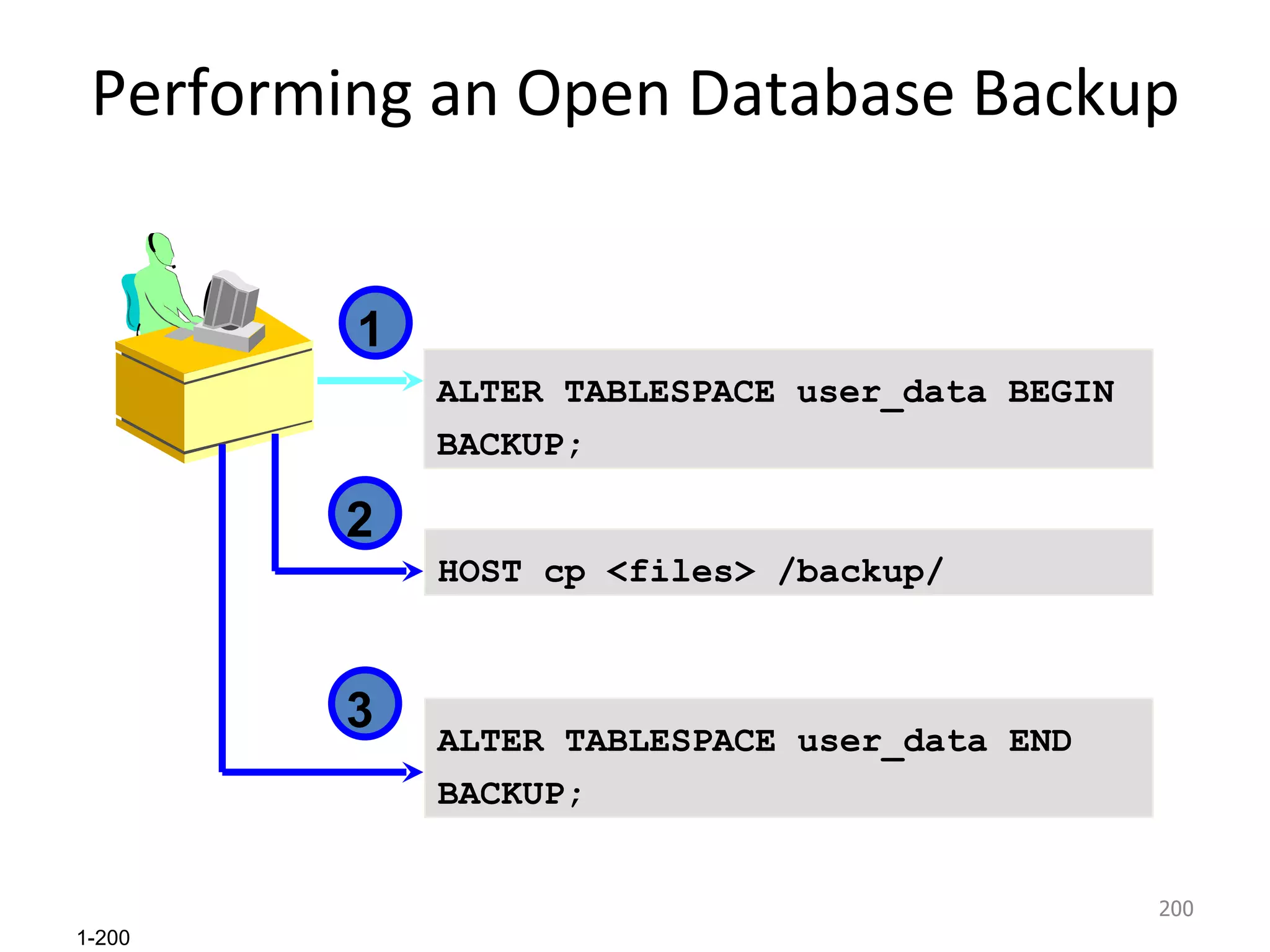 Performing an Open Database Backup 1 ALTER TABLESPACE user_data BEGIN BACKUP;  2 HOST cp <files> /backup/ 3 ALTER TABLESPACE user_data END BACKUP;  