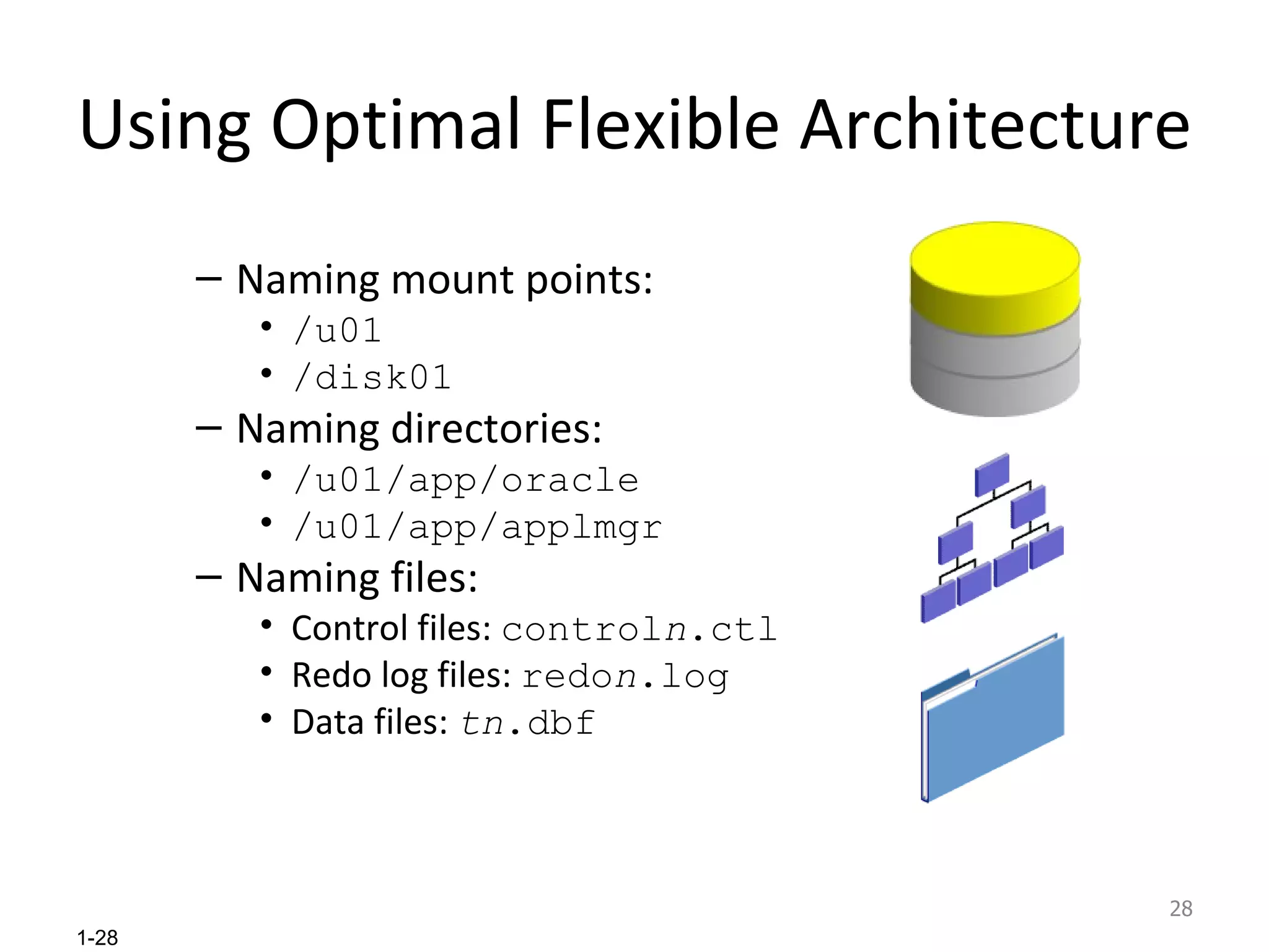 Using Optimal Flexible Architecture Naming mount points: /u01 /disk01 Naming directories: /u01/app/oracle /u01/app/applmgr Naming files: Control files:  control n .ctl Redo log files:  redo n .log Data files:  tn .dbf 