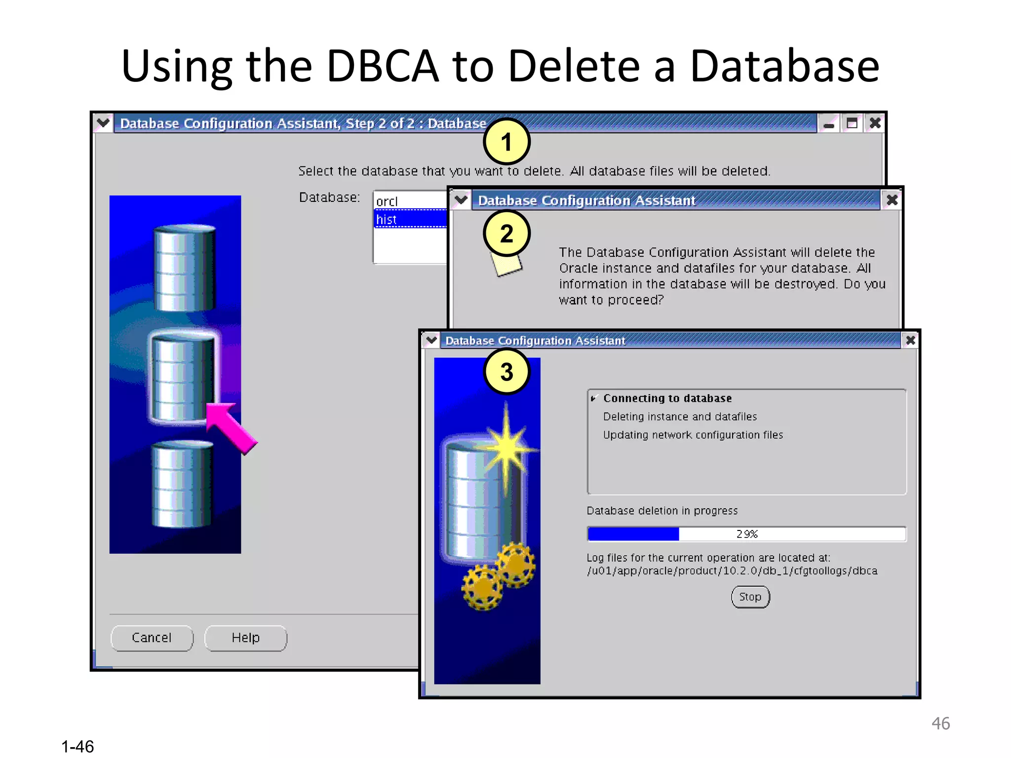 Using the DBCA to Delete a Database 1 2 3 