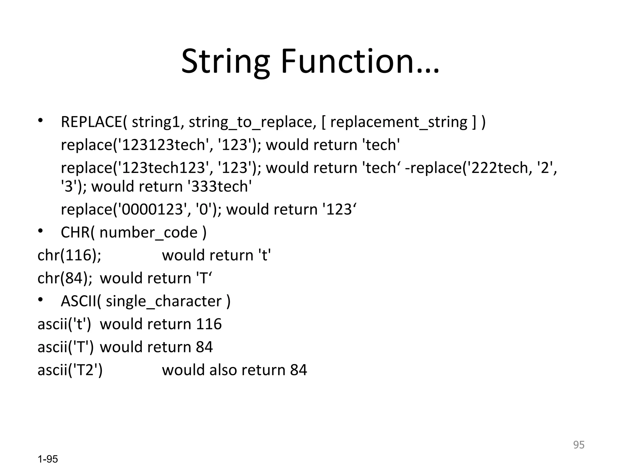 String Function… REPLACE( string1, string_to_replace, [ replacement_string ] ) replace('123123tech', '123'); would return 'tech' replace('123tech123', '123'); would return 'tech‘ -replace('222tech, '2', '3'); would return '333tech' replace('0000123', '0'); would return '123‘ CHR( number_code ) chr(116); would return 't' chr(84); would return 'T‘ ASCII( single_character ) ascii('t') would return 116 ascii('T') would return 84 ascii('T2') would also return 84 