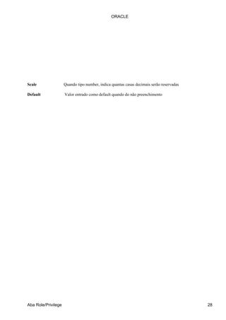 ORACLE




Scale                Quando tipo number, indica quantas casas decimais serão reservadas

Default              Valor entrado como default quando do não preenchimento




Aba Role/Privilege                                                                        28
 