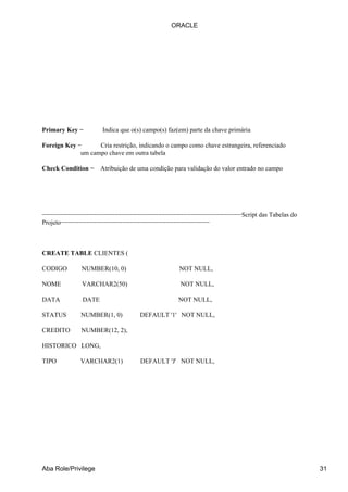 ORACLE




Primary Key −         Indica que o(s) campo(s) faz(em) parte da chave primária

Foreign Key −      Cria restrição, indicando o campo como chave estrangeira, referenciado
             um campo chave em outra tabela

Check Condition − Atribuição de uma condição para validação do valor entrado no campo




−−−−−−−−−−−−−−−−−−−−−−−−−−−−−−−−−−−−−−−−−−−−−−−−−−−−−−−Script das Tabelas do
Projeto−−−−−−−−−−−−−−−−−−−−−−−−−−−−−−−−−−−−−−−−−



CREATE TABLE CLIENTES (

CODIGO        NUMBER(10, 0)                        NOT NULL,

NOME          VARCHAR2(50)                         NOT NULL,

DATA          DATE                                NOT NULL,

STATUS        NUMBER(1, 0)          DEFAULT '1' NOT NULL,

CREDITO       NUMBER(12, 2),

HISTORICO LONG,

TIPO          VARCHAR2(1)           DEFAULT 'J' NOT NULL,




Aba Role/Privilege                                                                          31
 