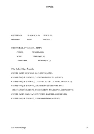 ORACLE




CODCLIENTE           NUMBER(10, 0)      NOT NULL,

DATAPED              DATE               NOT NULL



CREATE TABLE VENDASCLI_TEMP (

      CODIGO                NUMBER(10,0),

      NOME                  VARCHAR2(50),

      TOTVENDAS                   NUMBER(13, 2))



Criar Indices/Chave Primária

CREATE INDEX IDEXNOME ON CLIENTES (NOME)

CREATE UNIQUE INDEX PK_CLIENTES ON CLIENTES (CODIGO)

CREATE UNIQUE INDEX PK_CLIENTESFOTO ON CLIENTESFOTO (CODIGO)

CREATE UNIQUE INDEX UK_CLIENTESCGC ON CLIENTES (CGC)

CREATE UNIQUE INDEX PK_ITENS ON ITENS (NUMEROPED, CODPRODUTO)

CREATE INDEX IDXDATACLI ON PEDIDO (DATAPED, CODCLIENTE)

CREATE UNIQUE INDEX PK_PEDIDO ON PEDIDO (NUMERO)




Aba Role/Privilege                                              34
 