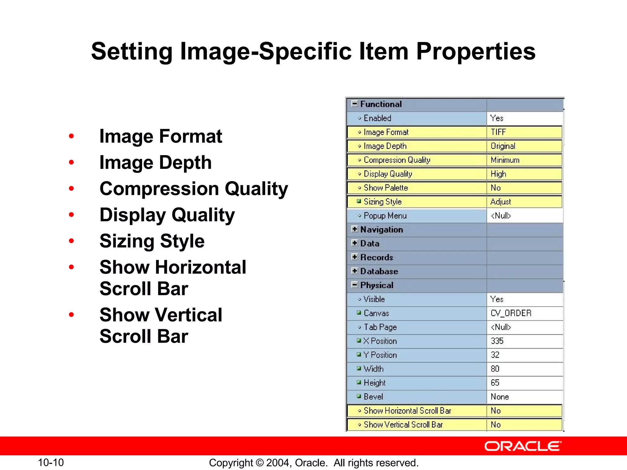 Setting Image-Specific Item Properties Image Format Image Depth Compression Quality Display Quality Sizing Style Show Horizontal  Scroll Bar Show Vertical  Scroll Bar 