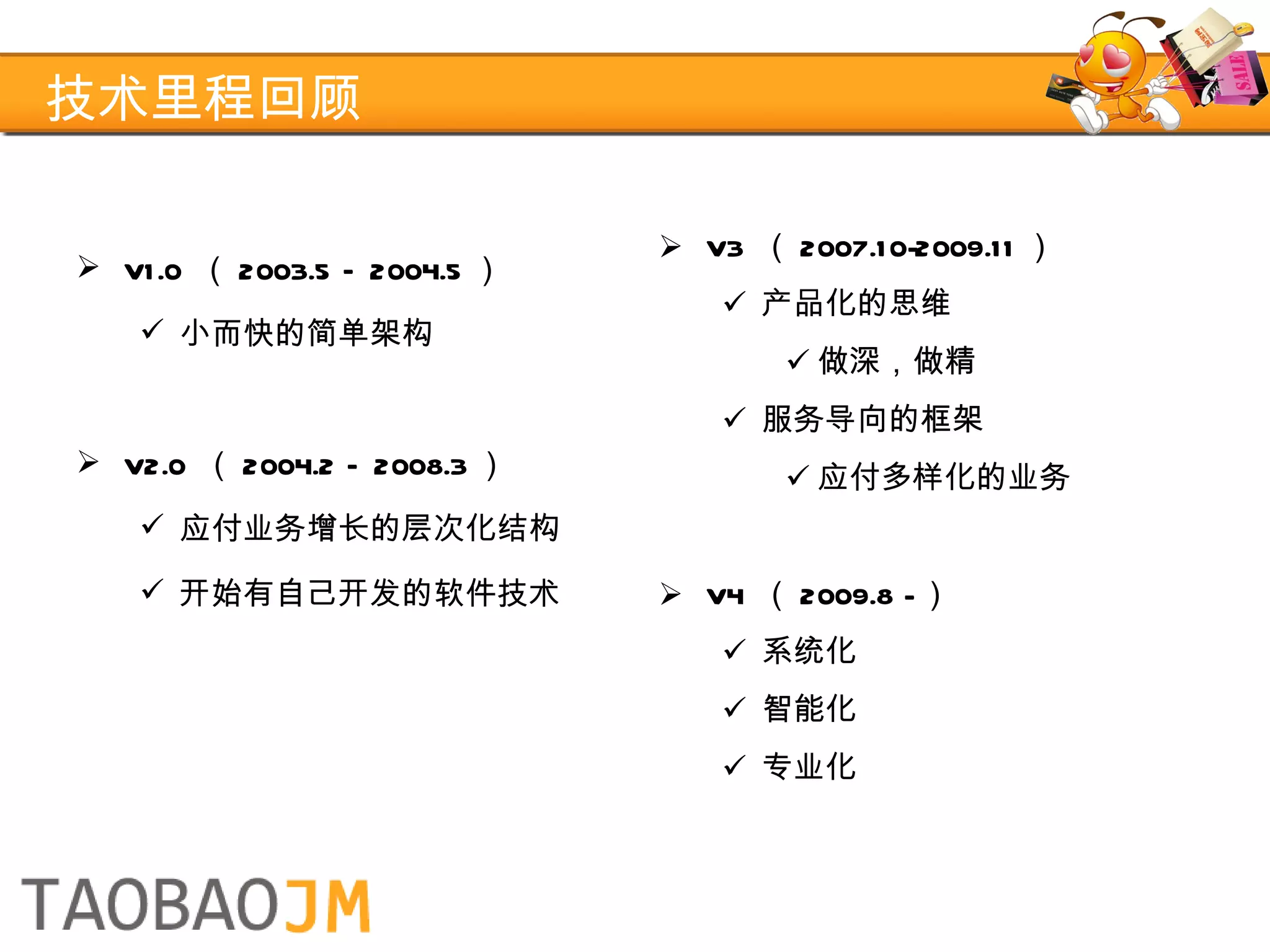 技术里程回顾 V3  （ 2007.10-2009.11 ） 产品化的思维 做深，做精 服务导向的框架 应付多样化的业务 V4  （ 2009.8 - ） 系统化 智能化 专业化 V1.0  （ 2003.5 – 2004.5 ） 小而快的简单架构 V2.0  （ 2004.2 – 2008.3 ） 应付业务增长的层次化结构 开始有自己开发的软件技术 