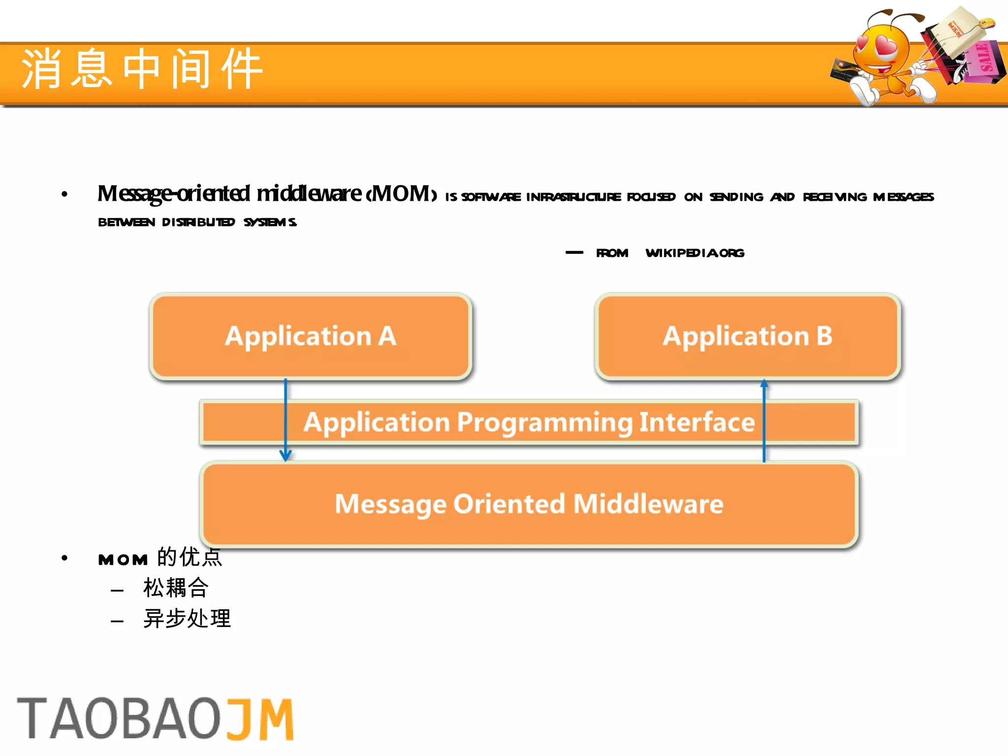 消息中间件 Message-oriented middleware  ( MOM ) is software infrastructure focused on sending and receiving messages between distributed systems.   ---  from  wikipedia.org MOM 的优点 松耦合 异步处理 