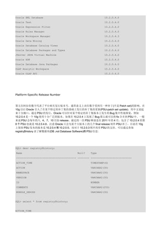 Oracle XML Database                                         10.2.0.4.0
Oracle Text                                                 10.2.0.4.0
Oracle Expression Filter                                    10.2.0.4.0
Oracle Rules Manager                                        10.2.0.4.0
Oracle Workspace Manager                                    10.2.0.4.3
Oracle Data Mining                                          10.2.0.4.0
Oracle Database Catalog Views                               10.2.0.4.0
Oracle Database Packages and Types                          10.2.0.4.0
JServer JAVA Virtual Machine                                10.2.0.4.0
Oracle XDK                                                  10.2.0.4.0
Oracle Database Java Packages                               10.2.0.4.0
OLAP Analytic Workspace                                     10.2.0.4.0
Oracle OLAP API                                             10.2.0.4.0




Platform-Specific Release Number



第五位阿拉伯数字代表了平台相关发行版本号。通常意义上该位数字受到另一种补丁(不是 Patch set)的影响。在
10g 以后 Oracle 引入了在某个特定的补丁集的基础上发行的补丁集的更新(PSU-patch set update)，用中文说起
来十分拗口；通过 PSU 的发行，Oracle 可以针对某个特定的补丁集版本上发生的 Bug 集中性地修复，例如
10.2.0.4 是一个 10g 使用十分广泛的版本，如果在 10.2.0.4 上发现了 Bug 那么就可以将 fix 合并到 PSU 中。一般
来说 PSU 会每年的 1、4、7、10 月份 release，最近的一次 PSU 释放是在 2011 年的 4 月，包含了 10.2.0.4 的第
8 个 PSU 也就是 10.2.0.4.8。注意 Oracle 只会为某个大版本上的几个 final release 制作 PSU 补丁，目前在 10g
上保持 PSU 发布的版本是 10.2.0.4 和 10.2.0.5，而对于 10.2.0.3 则不再有 PSU 的支持。可以通过查询
registry$history 表了解数据库(DB ,not Database Software)的 PSU 信息:




SQL> desc registry$history;

Name                                      Null?    Type

----------------------------------------- -------- ----------------------------

ACTION_TIME                                        TIMESTAMP(6)

ACTION                                             VARCHAR2(30)

NAMESPACE                                          VARCHAR2(30)

VERSION                                            VARCHAR2(30)

ID                                                 NUMBER

COMMENTS                                           VARCHAR2(255)

BUNDLE_SERIES                                      VARCHAR2(30)


SQL> select * from registry$history;


ACTION_TIME
 