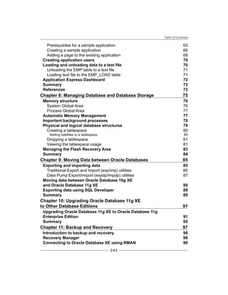 Table of Contents
[ iii ]
Prerequisites for a sample application	 63
Creating a sample application	 66
Adding a page to the existing application	 68
Creating application users	 70
Loading and unloading data to a text file	 70
Unloading the EMP table to a text file	 71
Loading text file to the EMP_LOAD table	 71
Application Express Dashboard	 72
Summary	 73
References	 73
Chapter 8: Managing Database and Database Storage	 75
Memory structure	 76
System Global Area	 76
Process Global Area	 77
Automatic Memory Management	 77
Important background processes	 78
Physical and logical database structures	 79
Creating a tablespace	 80
Adding datafiles to a tablespace	 80
Dropping a tablespace	 81
Viewing the tablespace usage	 81
Managing the Flash Recovery Area	 83
Summary	 84
Chapter 9: Moving Data between Oracle Databases	 85
Exporting and importing data	 85
Traditional Export and Import (exp/imp) utilities	 86
Data Pump Export/Import (expdp/impdp) utilities	 87
Moving data between Oracle Database 10g XE
and Oracle Database 11g XE	 88
Exporting data using SQL Developer	 89
Summary	 89
Chapter 10: Upgrading Oracle Database 11g XE
to Other Database Editions 	 91
Upgrading Oracle Database 11g XE to Oracle Database 11g
Enterprise Edition	 91
Summary	 95
Chapter 11: Backup and Recovery	 97
Introduction to backup and recovery	 98
Recovery Manager	 98
Connecting to Oracle Database XE using RMAN	 98
 