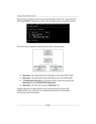Tuning Oracle Database 11g XE
[ 116 ]
The previous command will create an execution plan in the PLAN_TABLE. Run the
following SELECT statement to retrieve the execution plan in a readable format:
The following is a graphical representation of the execution plan:
SELECT
Statement
Operation - 0
HASH JOIN
Operation - 1
FULL TABLE ACCESS
DEPT
Operation - 2
FULL TABLE ACCESS
EMP
Operation - 3
•	 Operation – 2 is performed first (a full table access to the DEPT table)
•	 Operation – 3 is performed next(a full table access to the EMP table)
•	 A HASH JOIN Operation is performed on the result sets produced by
Operations 2 and 3 (HASH JOIN Operation).
•	 Operation – 1 returns the results to Operation – 0
Another approach of retrieving the actual execution plan is to query the
V$SQL_PLAN view. This view was introduced in Oracle 9i and contains
the execution plan information.
 