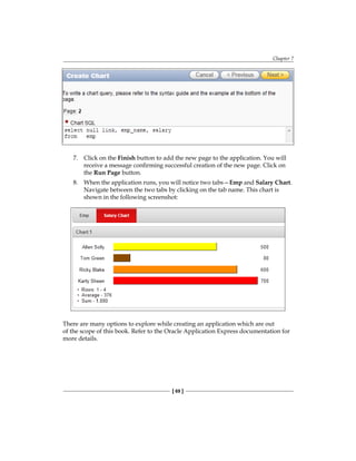 Chapter 7
[ 69 ]
7.	 Click on the Finish button to add the new page to the application. You will
receive a message confirming successful creation of the new page. Click on
the Run Page button.
8.	 When the application runs, you will notice two tabs—Emp and Salary Chart.
Navigate between the two tabs by clicking on the tab name. This chart is
shown in the following screenshot:
There are many options to explore while creating an application which are out
of the scope of this book. Refer to the Oracle Application Express documentation for
more details.
 