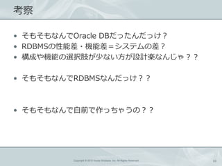 

? ⤽ʤOracle DBää
? RDBMSܲ?Cܲƥβ
? ɤCܤxk֫٤ʤOӋSʤ󤸤㣿

? ⤽ʤRDBMSʤä



? ⤽ʤǰä㤦Σ




         Copyright ? 2012 Kouta Shiobara, Inc. All Rights Reserved.   33
 