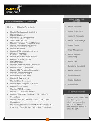PANZER
Solutions

                                                               ORCALE CONSULTING
ADVANTAGES PANZER ORACLE CONSULTING                                SERVICES



 Rich pool of Oracle Consultants:                             Oracle Personnel

                                                              Oracle Order Entry
  Oracle Database Administrator
  Oracle Developer                                           Accounts Receivable
  Oracle (9i/10g) Programmer
  Senior Data Architect                                      Oracle General Ledger
  Oracle Financials Project Manager
  Oracle Applications Developer                              Oracle Assets
  Oracle Apps DBA
                                                              Order Management
  Oracle BPEL Integration Analyst
  Database Architect                                         Oracle Revenue
  Oracle Applications HR Analyst                              Accounting
  Oracle Portal Developer
  HRIS Manager                                               Oracle OTL
  Oracle CRM Functional Consultant
                                                              Functional Consultant
  Oracle HRMS Consultants
  Oracle OTL Functional Consultant                           Oracle Financials
  Oracle Clinical Developer
  Oracle e-Business Suite                                    Project Manager
  Oracle BI DW Analyst
                                                              Oracle Database
  Oracle iStore Consultant
  Oracle BPEL Integration Analyst                            Administrator
  Oracle iProcurement
  Oracle APEX Developer
  Oracle 11i Financials Analyst                               IN - DEPTH EXPERIENCE
  Oracle FINANCIAL / AR / AP / GL / CM / FA
   Consultants                                               PANZER Solutions LLC has
  Oracle MANUFACTURING / INV / OM / OPM                     more than 8 years of
   Consultants                                               industry experience. Our
  Oracle Pay Roll / Recruitment / Self-Service / HR /       vast pool of ORACLE
   iLearning / Time & Labor / Workflow Consultant            consultants has worked all
                                                             across the USA.




                                              2
 