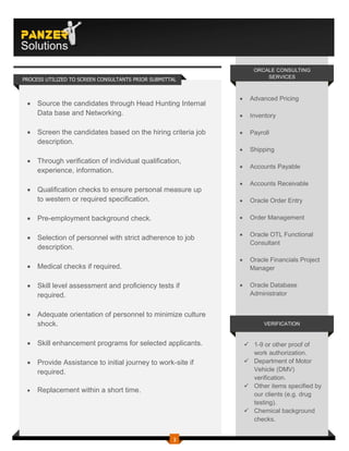PANZER
Solutions
                                                                   ORCALE CONSULTING
                                                                       SERVICES
PROCESS UTILIZED TO SCREEN CONSULTANTS PRIOR SUBMITTAL


                                                                 Advanced Pricing
  Source the candidates through Head Hunting Internal
   Data base and Networking.                                     Inventory

  Screen the candidates based on the hiring criteria job        Payroll
   description.
                                                                 Shipping
  Through verification of individual qualification,
                                                                 Accounts Payable
   experience, information.
                                                                 Accounts Receivable
  Qualification checks to ensure personal measure up
   to western or required specification.                         Oracle Order Entry

  Pre-employment background check.                              Order Management

                                                                 Oracle OTL Functional
  Selection of personnel with strict adherence to job
                                                                  Consultant
   description.
                                                                 Oracle Financials Project
  Medical checks if required.                                    Manager

  Skill level assessment and proficiency tests if               Oracle Database
   required.                                                      Administrator


  Adequate orientation of personnel to minimize culture
   shock.                                                              VERIFICATION


  Skill enhancement programs for selected applicants.           1-9 or other proof of
                                                                  work authorization.
  Provide Assistance to initial journey to work-site if         Department of Motor
   required.                                                      Vehicle (DMV)
                                                                  verification.
                                                                 Other items specified by
    Replacement within a short time.
                                                                  our clients (e.g. drug
                                                                  testing).
                                                                 Chemical background
                                                                  checks.


                                                    3
 