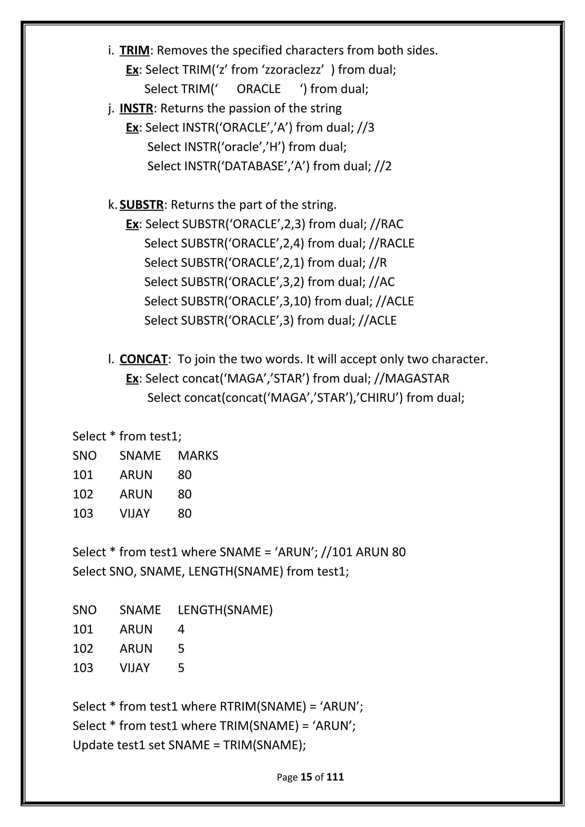 i. TRIM: Removes the specified characters from both sides.
Ex: Select TRIM(‘z’ from ‘zzoraclezz’ ) from dual;
Select TRIM(‘ ORACLE ‘) from dual;
j. INSTR: Returns the passion of the string
Ex: Select INSTR(‘ORACLE’,’A’) from dual; //3
Select INSTR(‘oracle’,’H’) from dual;
Select INSTR(‘DATABASE’,’A’) from dual; //2
k.SUBSTR: Returns the part of the string.
Ex: Select SUBSTR(‘ORACLE’,2,3) from dual; //RAC
Select SUBSTR(‘ORACLE’,2,4) from dual; //RACLE
Select SUBSTR(‘ORACLE’,2,1) from dual; //R
Select SUBSTR(‘ORACLE’,3,2) from dual; //AC
Select SUBSTR(‘ORACLE’,3,10) from dual; //ACLE
Select SUBSTR(‘ORACLE’,3) from dual; //ACLE
l. CONCAT: To join the two words. It will accept only two character.
Ex: Select concat(‘MAGA’,’STAR’) from dual; //MAGASTAR
Select concat(concat(‘MAGA’,’STAR’),’CHIRU’) from dual;
Select * from test1;
SNO SNAME MARKS
101 ARUN 80
102 ARUN 80
103 VIJAY 80
Select * from test1 where SNAME = ‘ARUN’; //101 ARUN 80
Select SNO, SNAME, LENGTH(SNAME) from test1;
SNO SNAME LENGTH(SNAME)
101 ARUN 4
102 ARUN 5
103 VIJAY 5
Select * from test1 where RTRIM(SNAME) = ‘ARUN’;
Select * from test1 where TRIM(SNAME) = ‘ARUN’;
Update test1 set SNAME = TRIM(SNAME);
Page 15 of 111
 