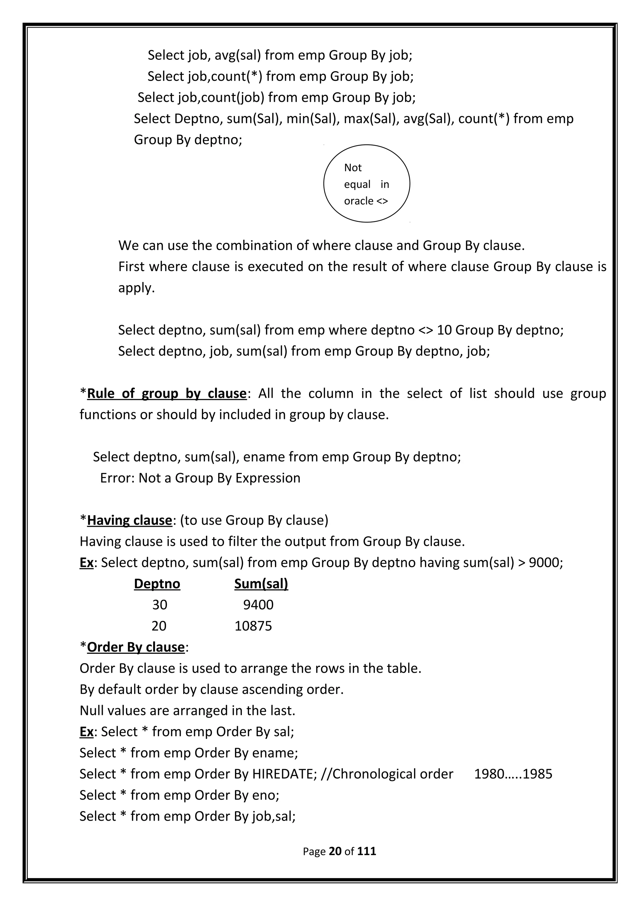 Select job, avg(sal) from emp Group By job;
Select job,count(*) from emp Group By job;
Select job,count(job) from emp Group By job;
Select Deptno, sum(Sal), min(Sal), max(Sal), avg(Sal), count(*) from emp
Group By deptno;
We can use the combination of where clause and Group By clause.
First where clause is executed on the result of where clause Group By clause is
apply.
Select deptno, sum(sal) from emp where deptno <> 10 Group By deptno;
Select deptno, job, sum(sal) from emp Group By deptno, job;
*Rule of group by clause: All the column in the select of list should use group
functions or should by included in group by clause.
Select deptno, sum(sal), ename from emp Group By deptno;
Error: Not a Group By Expression
*Having clause: (to use Group By clause)
Having clause is used to filter the output from Group By clause.
Ex: Select deptno, sum(sal) from emp Group By deptno having sum(sal) > 9000;
Deptno Sum(sal)
30 9400
20 10875
*Order By clause:
Order By clause is used to arrange the rows in the table.
By default order by clause ascending order.
Null values are arranged in the last.
Ex: Select * from emp Order By sal;
Select * from emp Order By ename;
Select * from emp Order By HIREDATE; //Chronological order 1980…..1985
Select * from emp Order By eno;
Select * from emp Order By job,sal;
Page 20 of 111
Not
equal in
oracle <>
 