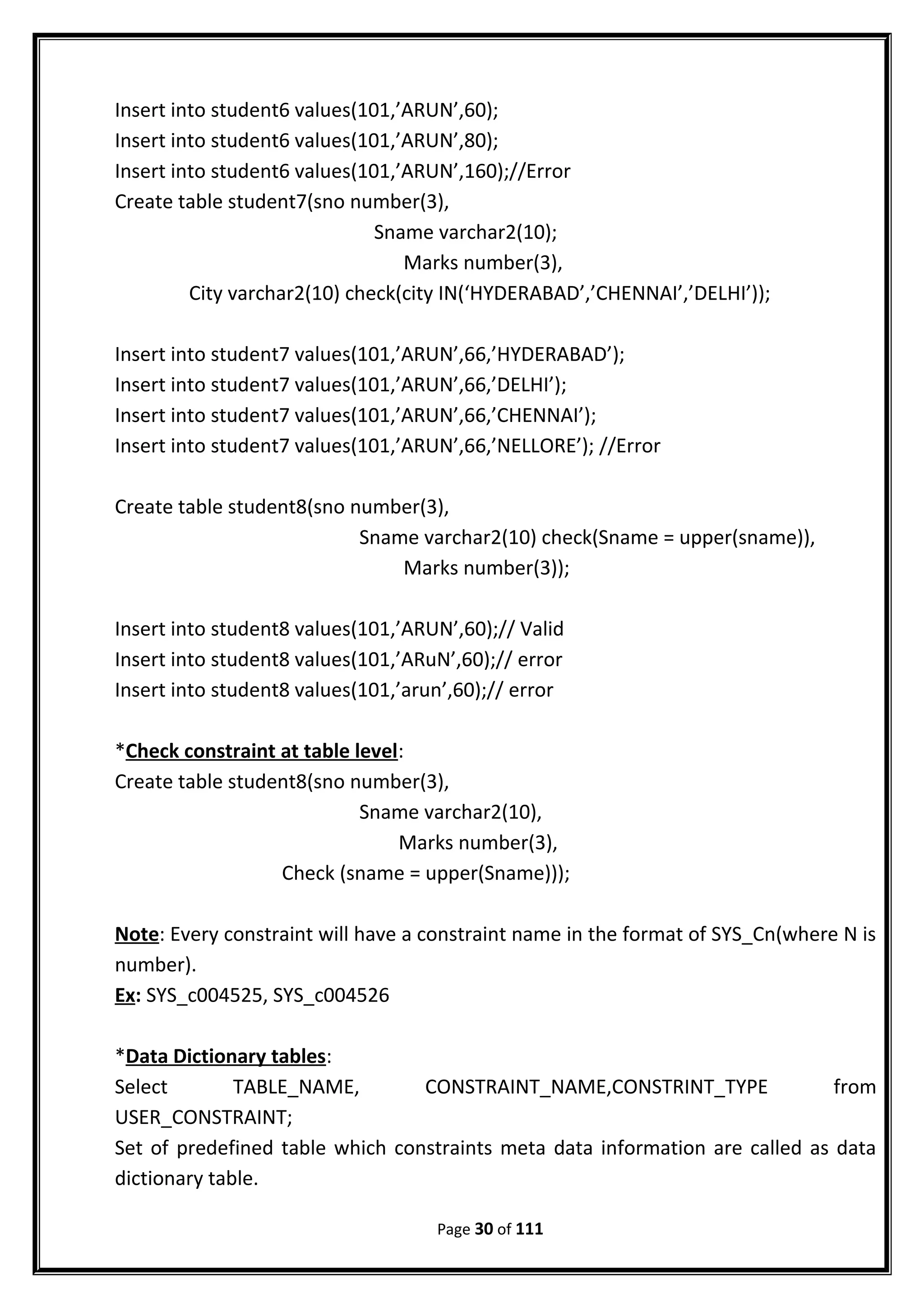 Insert into student6 values(101,’ARUN’,60);
Insert into student6 values(101,’ARUN’,80);
Insert into student6 values(101,’ARUN’,160);//Error
Create table student7(sno number(3),
Sname varchar2(10);
Marks number(3),
City varchar2(10) check(city IN(‘HYDERABAD’,’CHENNAI’,’DELHI’));
Insert into student7 values(101,’ARUN’,66,’HYDERABAD’);
Insert into student7 values(101,’ARUN’,66,’DELHI’);
Insert into student7 values(101,’ARUN’,66,’CHENNAI’);
Insert into student7 values(101,’ARUN’,66,’NELLORE’); //Error
Create table student8(sno number(3),
Sname varchar2(10) check(Sname = upper(sname)),
Marks number(3));
Insert into student8 values(101,’ARUN’,60);// Valid
Insert into student8 values(101,’ARuN’,60);// error
Insert into student8 values(101,’arun’,60);// error
*Check constraint at table level:
Create table student8(sno number(3),
Sname varchar2(10),
Marks number(3),
Check (sname = upper(Sname)));
Note: Every constraint will have a constraint name in the format of SYS_Cn(where N is
number).
Ex: SYS_c004525, SYS_c004526
*Data Dictionary tables:
Select TABLE_NAME, CONSTRAINT_NAME,CONSTRINT_TYPE from
USER_CONSTRAINT;
Set of predefined table which constraints meta data information are called as data
dictionary table.
Page 30 of 111
 