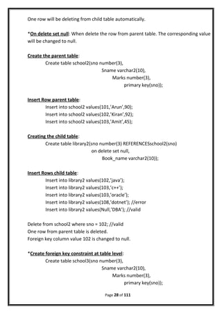 One row will be deleting from child table automatically.
*On delete set null: When delete the row from parent table. The corresponding value
will be changed to null.
Create the parent table:
Create table school2(sno number(3),
Sname varchar2(10),
Marks number(3),
primary key(sno));
Insert Row parent table:
Insert into school2 values(101,’Arun’,90);
Insert into school2 values(102,’Kiran’,92);
Insert into school2 values(103,’Amit’,45);
Creating the child table:
Create table library2(sno number(3) REFERENCESschool2(sno)
on delete set null,
Book_name varchar2(10));
Insert Rows child table:
Insert into library2 values(102,’java’);
Insert into library2 values(103,’c++’);
Insert into library2 values(103,’oracle’);
Insert into library2 values(108,’dotnet’); //error
Insert into library2 values(Null,’DBA’); //valid
Delete from school2 where sno = 102; //valid
One row from parent table is deleted.
Foreign key column value 102 is changed to null.
*Create foreign key constraint at table level:
Create table school3(sno number(3),
Sname varchar2(10),
Marks number(3),
primary key(sno));
Page 28 of 111
 