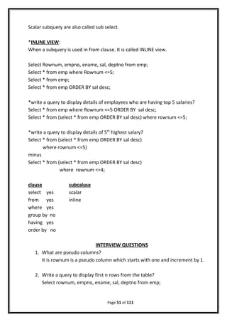 Scalar subquery are also called sub select.
*INLINE VIEW:
When a subquery is used in from clause. It is called INLINE view.
Select Rownum, empno, ename, sal, deptno from emp;
Select * from emp where Rownum <=5;
Select * from emp;
Select * from emp ORDER BY sal desc;
*write a query to display details of employees who are having top 5 salaries?
Select * from emp where Rownum <=5 ORDER BY sal desc;
Select * from (select * from emp ORDER BY sal desc) where rownum <=5;
*write a query to display details of 5th
highest salary?
Select * from (select * from emp ORDER BY sal desc)
where rownum <=5)
minus
Select * from (select * from emp ORDER BY sal desc)
where rownum <=4;
clause subcaluse
select yes scalar
from yes inline
where yes
group by no
having yes
order by no
INTERVIEW QUESTIONS
1. What are pseudo columns?
It is rownum is a pseudo column which starts with one and increment by 1.
2. Write a query to display first n rows from the table?
Select rownum, empno, ename, sal, deptno from emp;
Page 51 of 111
 