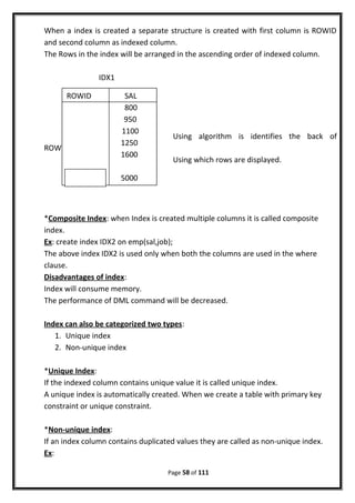 When a index is created a separate structure is created with first column is ROWID
and second column as indexed column.
The Rows in the index will be arranged in the ascending order of indexed column.
IDX1
Using algorithm is identifies the back of
ROWID’s
Using which rows are displayed.
*Composite Index: when Index is created multiple columns it is called composite
index.
Ex: create index IDX2 on emp(sal,job);
The above index IDX2 is used only when both the columns are used in the where
clause.
Disadvantages of index:
Index will consume memory.
The performance of DML command will be decreased.
Index can also be categorized two types:
1. Unique index
2. Non-unique index
*Unique Index:
If the indexed column contains unique value it is called unique index.
A unique index is automatically created. When we create a table with primary key
constraint or unique constraint.
*Non-unique index:
If an index column contains duplicated values they are called as non-unique index.
Ex:
Page 58 of 111
ROWID SAL
800
950
1100
1250
1600
5000
 