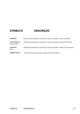 ATRIBUTO DESCRIÇÃO
%ISOPEN Atributo do tipo Boolean, (True/False), sendo True quando o cursor está aberto
%NOTFOUND Atributo do tipo Boolean, (True/False), sendo True quando o último FETCH não
retornou linha.
%FOUND Atributo do tipo Boolean, (True/False), sendo True quando o último FETCH retorna
linha.
%ROWCOUNT Atributo numérico, que retorna o número da linha retornada.
ATRIBUTO DESCRIÇÃOo:p 97
 